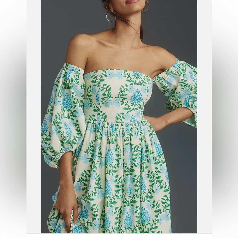 Anthropologie Cream Dress with Blue Floral and Green Leaf Print